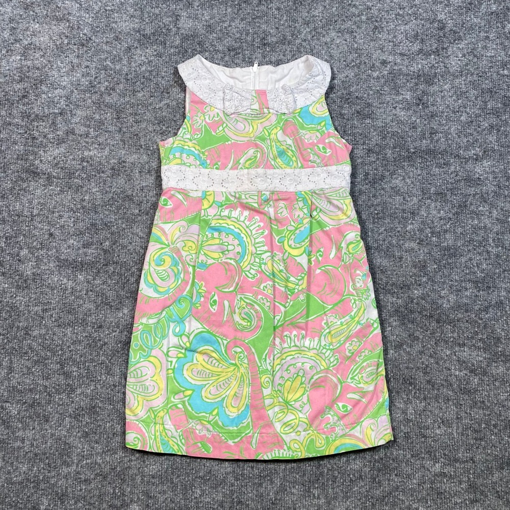 Lilly Pulitzer Girls Dalian Dress Pink Green Paisley Eyelet Lace Size 7 47597G